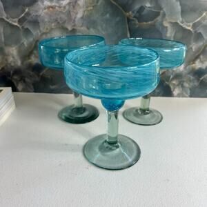 Hand blown Margarita Glasses Set of 3 6.5" Tall Aqua Blue Swirl Unmarked